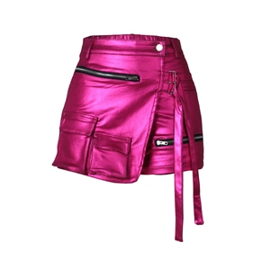 Detail of hot pink metallic cargo skirt with utility pockets and punk zipper accents