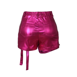Rear view of metallic pink cargo shorts with elastic waist and stylish side straps