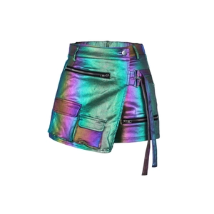 Close-up of holographic cargo skort fabric with metallic zippers and tactical pocket details