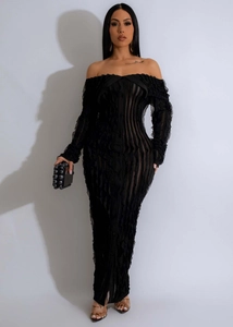Front full view of an elegant black off-shoulder maxi dress with sheer striped texture