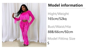 Detailed knit texture and long fringe tassels of the hot pink two-piece crochet set