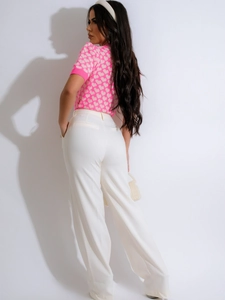Women's pink and white heart knit short sleeve t-shirt with high waist trousers