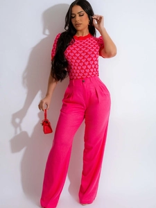 Women's pink heart jacquard knitted t-shirt paired with high waist wide-leg trousers