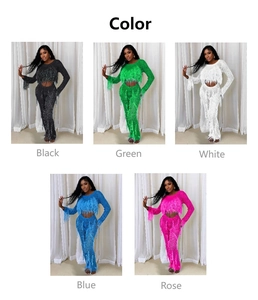 Collage of two-piece knit sets with tassels showing black, green, white, blue and rose colors