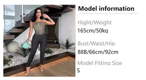Detailed size chart with model measurements for gradient strapless denim jumpsuit