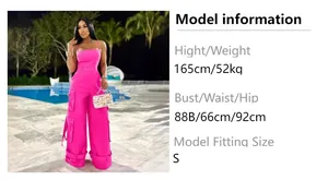Size chart showing model measurements for the pink strapless multi-pocket cargo jumpsuit