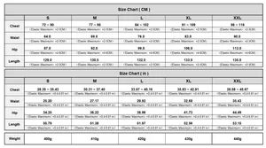 Detailed size chart for women's denim jumpsuit in CM and IN with stretch measurement info