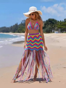 Women Bohemian Crochet Bikini Outfit Multicolor Chevron Knit Halter Top And Long Tassel Skirt Beach Swimwear Cover Up