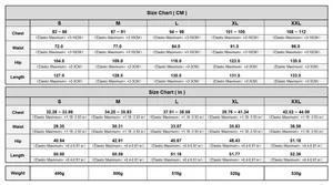 Size chart for strapless cargo jumpsuit showing CM and Inch units from S to XXL