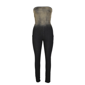 Detail view of ombré gradient strapless denim jumpsuit with slim fit and wash texture