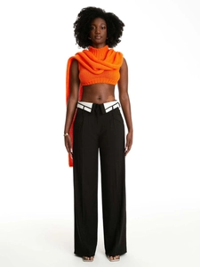 Pantaloni Classici a Gamba Larga da Donna a Vita Alta Contrasto Colore Vita Risvoltata Pantaloni Dritti Casual Office