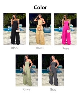 Collage of strapless cargo jumpsuits showing five colors black olive rose gray and khaki