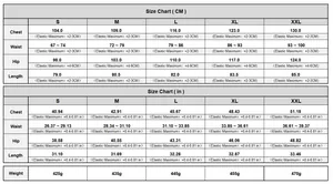 Detailed size chart for women's denim romper with chest, waist, and hip measurements