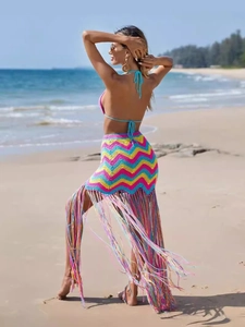 Women's sexy crochet beach set with halter top and colorful chevron fringe skirt