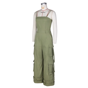 Detail of olive green cargo jumpsuit featuring side flap pockets and a strapless bodice