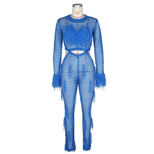 Detail of blue crochet knit two-piece set with feather fringe accents and mesh texture