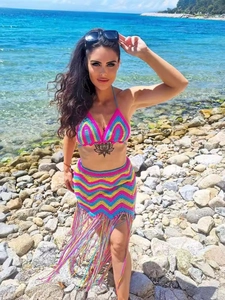 Handmade crochet wave pattern bikini set and fringe beach skirt with bohemian stripes