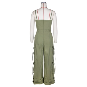 Back view of army green cargo jumpsuit featuring multi-pocket utility details and wide legs