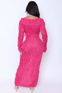 Close-up of rose pink off-shoulder maxi dress with textured 3D pleated fabric details