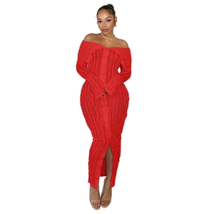 Close-up of red off-shoulder maxi dress featuring ribbed knit texture and front buttons