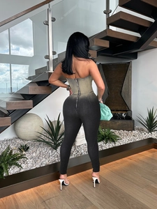 Sexy strapless gradient denim jumpsuit for women with slim fit and back zipper
