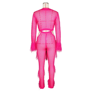 Detail of rose pink crochet hollow knit set with feathered trim on cuffs and leg hems