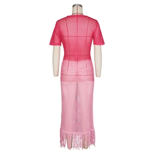 Détails de la maille crochetée de la robe de plage rose dégradée avec mesh et franges