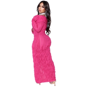 Close-up of pink long sleeve bodycon dress with layered ruffle texture and chic collar