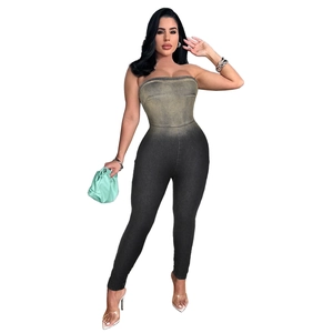 Close-up of vintage gradient wash effect on strapless slim fit denim jumpsuit