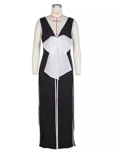 Abito lungo sexy bodycon con scollo a V, grande fiocco bianco e spacco laterale