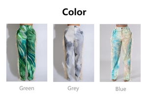 Detailed comparison of high-waisted printed pants featuring side fringe in three colors