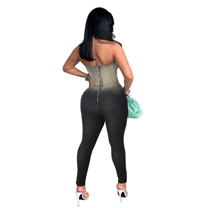 Slim fit tube denim jumpsuit with gradient khaki to black fade and back zipper detail