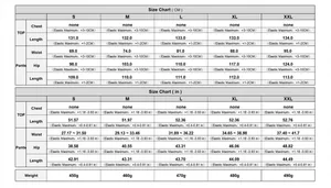 Detailed size chart for women's top and pants set showing measurements in CM and inches
