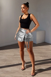 Metallic silver high-waist cargo shorts featuring multiple pockets and a matching long belt