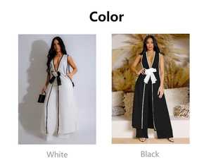 Color comparison of women's camellia vest and wide-leg pants set in white and black
