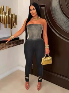 Sexy strapless gradient denim jumpsuit with slim fit design and gold anklet detail