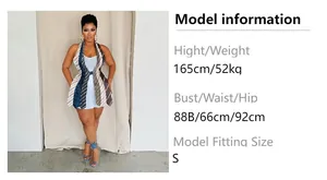 Size chart showing model info for a backless V-neck vest made of patchwork ties