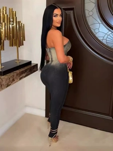 Sexy strapless ombre jumpsuits for women with bodycon fit and gradient denim effect
