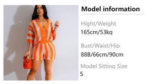 Detail of orange and white striped crochet knit set with button-up top and slim shorts