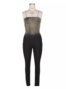 Sexy strapless slim-fit jumpsuit for women featuring a metallic bronze to black gradient