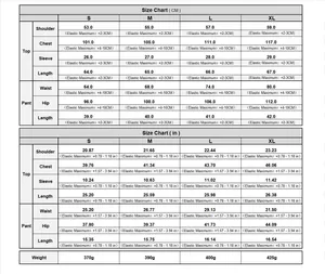 Size chart detail for knit short set showing S to XL measurements in CM and IN