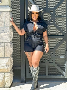 Women's sexy black denim short sleeve romper with distressed raw hem and button-down front