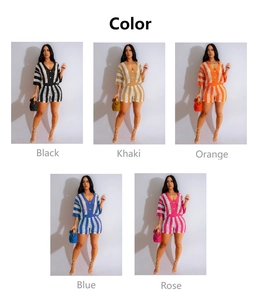 Collage of two-piece crochet knit stripe sets in various colors with buttons