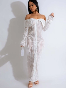 Elegant white off-shoulder maxi dress with wavy texture and front button closure