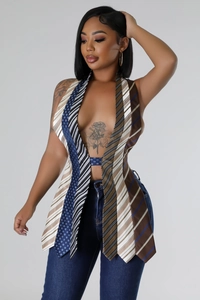 Detail of unique patchwork vest made from assorted silk ties with deep V-neck and halter design