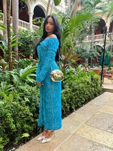 Blue off-shoulder long-sleeved pleated maxi dress with textured fabric in a garden setting