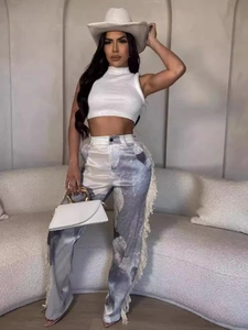 Women's trendy grey print wide-leg trousers with fringe side detail and white crop top set