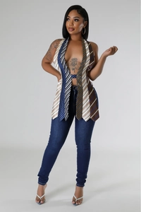 Close-up of halter top made from repurposed ties in striped and polka dot patterns