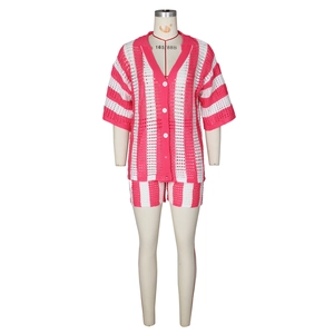 Detail of pink and white striped crochet knit texture on two-piece shorts set