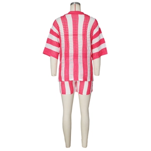 Detail of hollow knit texture on back of pink and white vertical striped shirt and shorts set